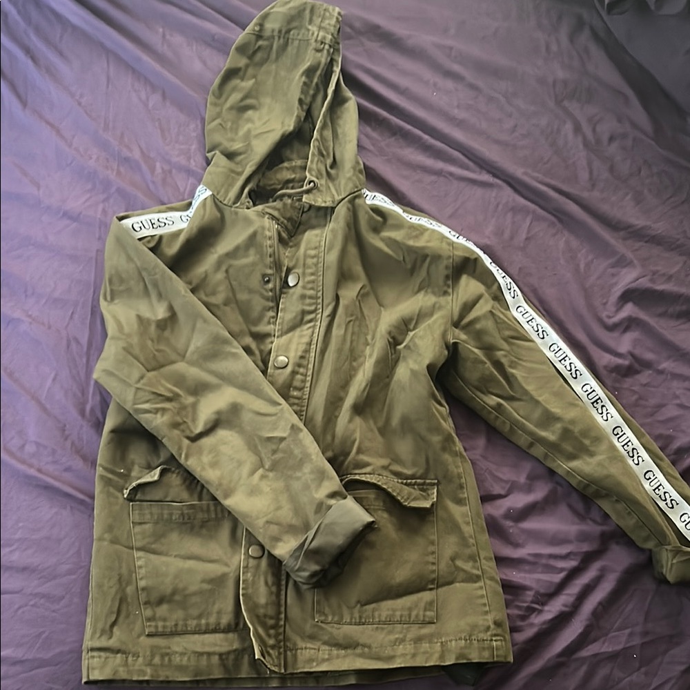 Guess Khaki Hooded Jacket with Logo Tape